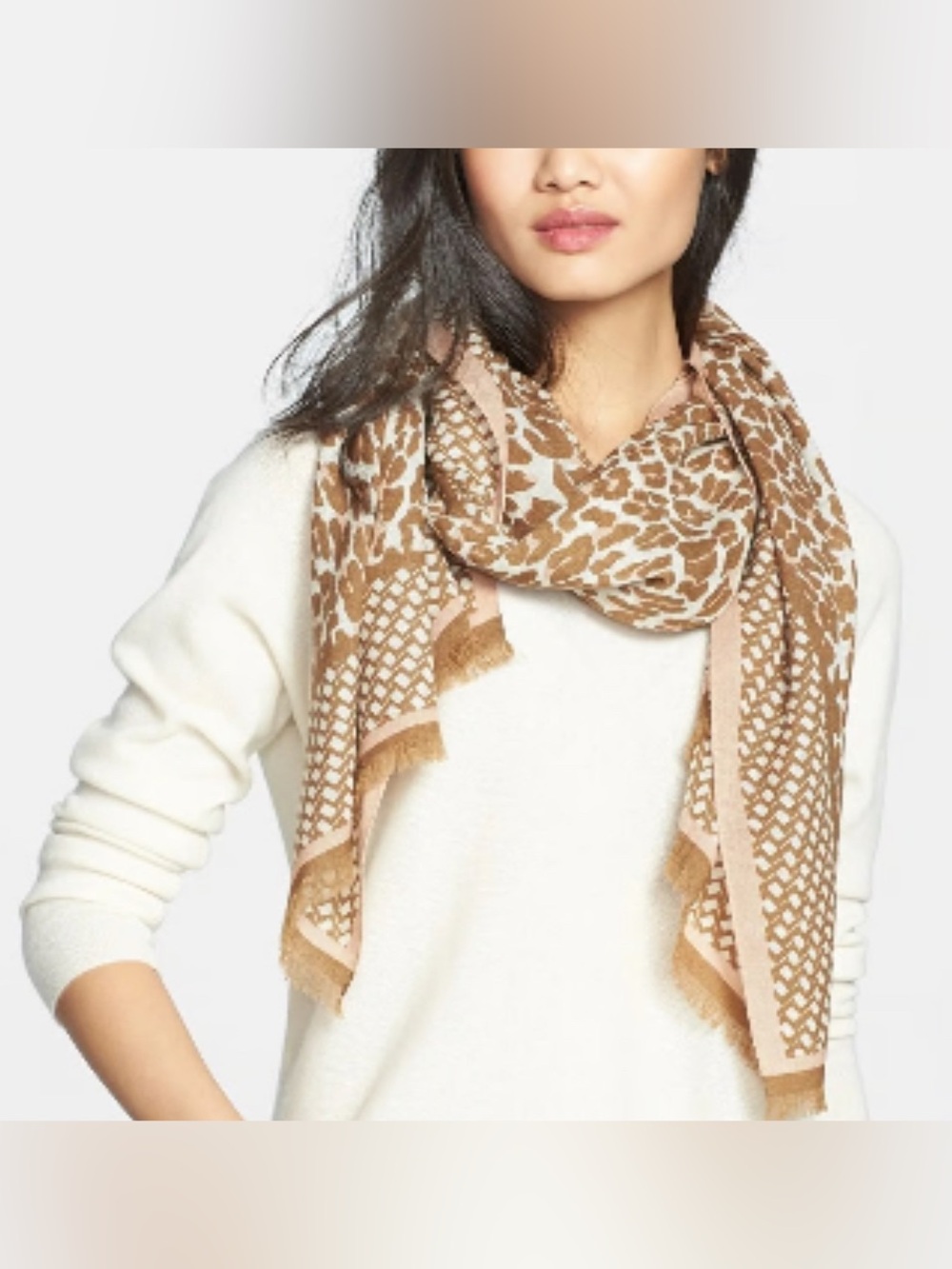 Tory Burch Beige and Brown Logo Pattern Scarf - Picture 2 of 8